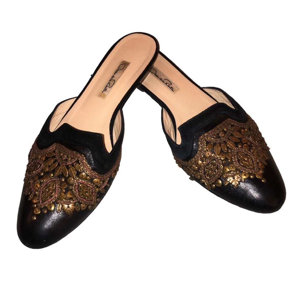 Oscar De La Renta Spanish Mules Black Leather Gold Beaded/Embellished Sz 38 1/2